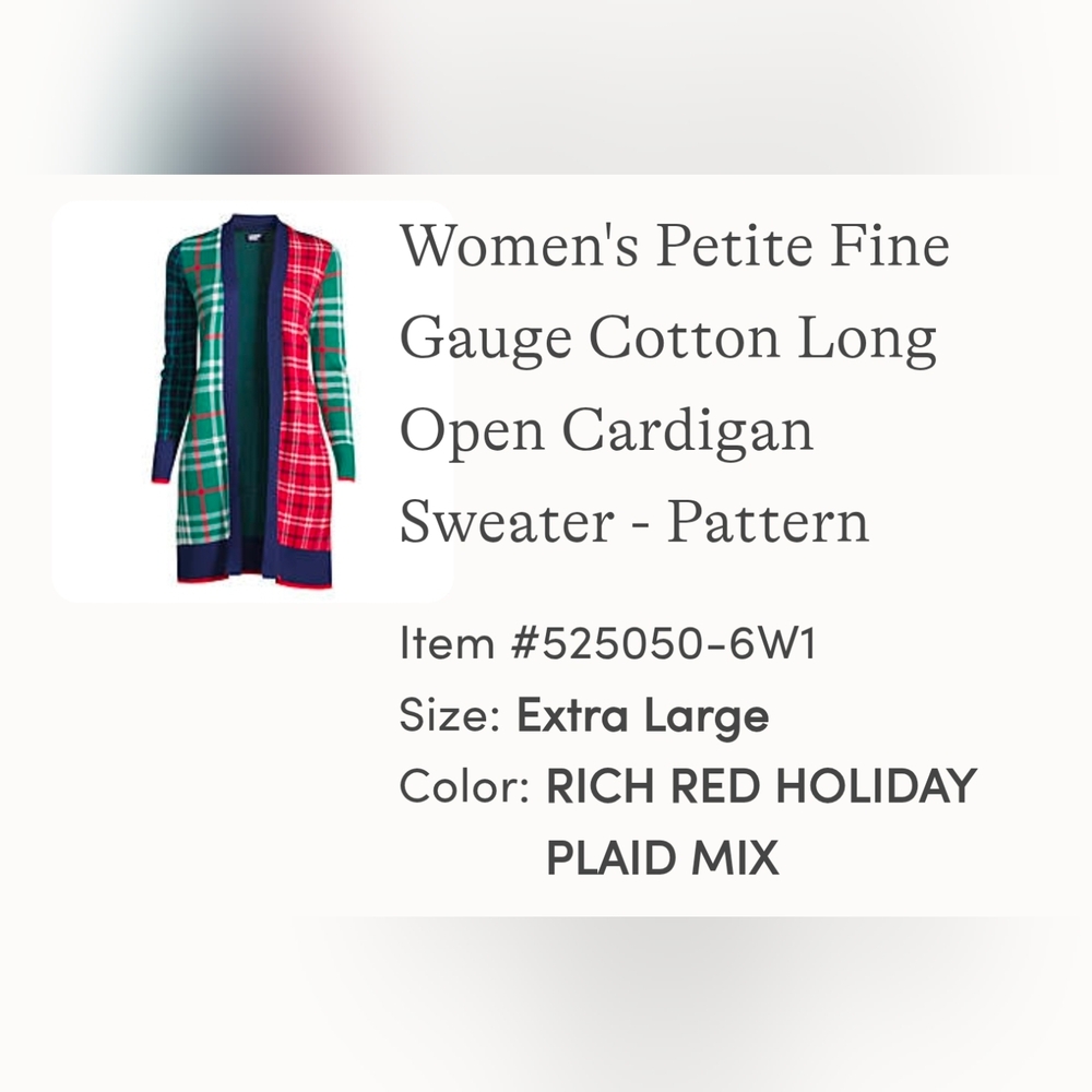 LAND'S ENDRich Red Holiday Plaid Mix Cardigan Sweater XLP